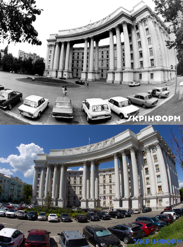 Будівля Міністерства закордонних справ України на Михайлівський площі, Київ, 1992 рік. Фото: Володимир Фалін / Будівля Міністерства закордонних справ України на Михайлівський площі, Київ, 2024 рік. Фото: Кирило Чуботін