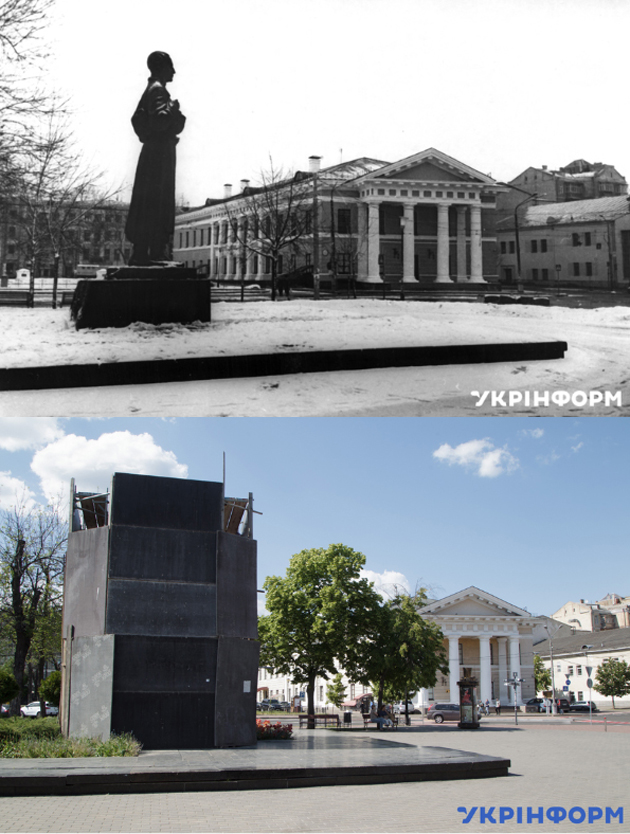 Пам'ятник українському філософу Григорію Сковороді на Контрактовій площі, Київ, 1999 рік. Фото: Володимир Фалін / Закритий захисними конструкціями від можливих російських обстрілів пам'ятник Григорію Сковороді на Контрактовій площі, Київ, 2024 рік. Фото: Кирило Чуботін 