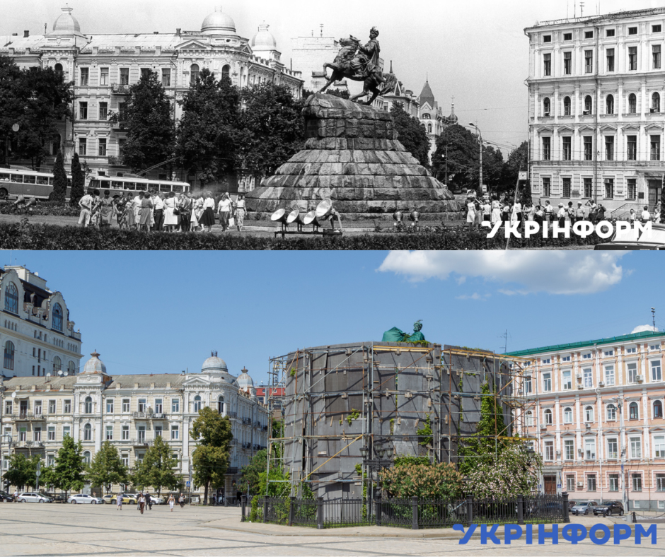 Площа Богдана Хмельницького, Київ, серпень 1986 року. Фото: Володимир Самохоцький / Софійська площа, Київ, травень 2024 року. Фото: Кирило Чуботін